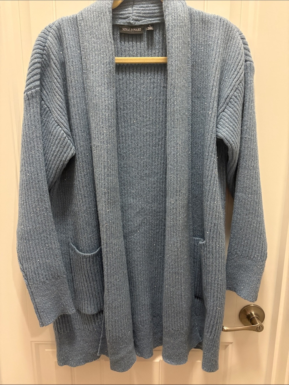 Nina Leonard XL Blue Metallic Shimmer Long Open Front Cardigan Sweater